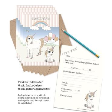 Mouse & Pen Fødselsdag Unicorn invitationer 6 stk.