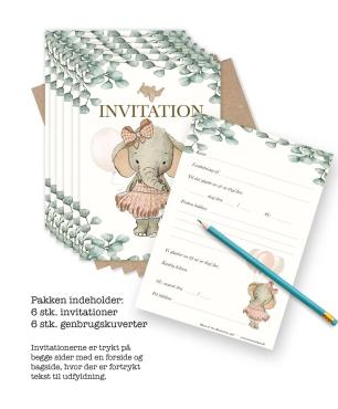 Mouse & Pen Invitationer til babyfesten 6 stk. – Elefant pige