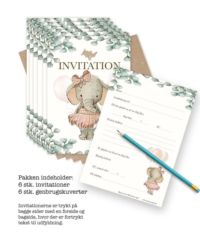 Mouse & Pen Invitationer til babyfesten 6 stk. – Elefant pige